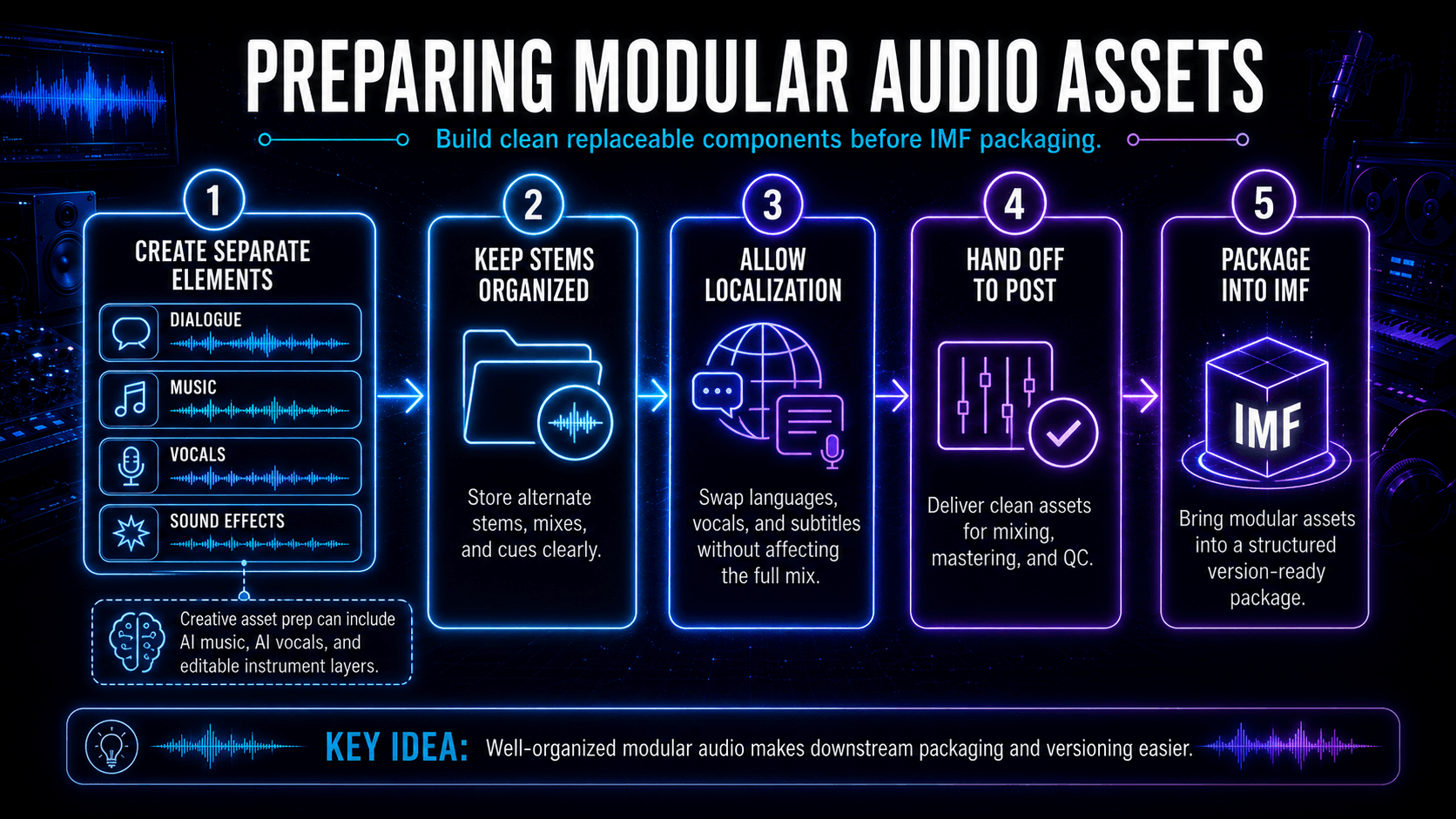 Workflow for preparing separate dialogue, music, vocal, and sound-effect assets before IMF packaging