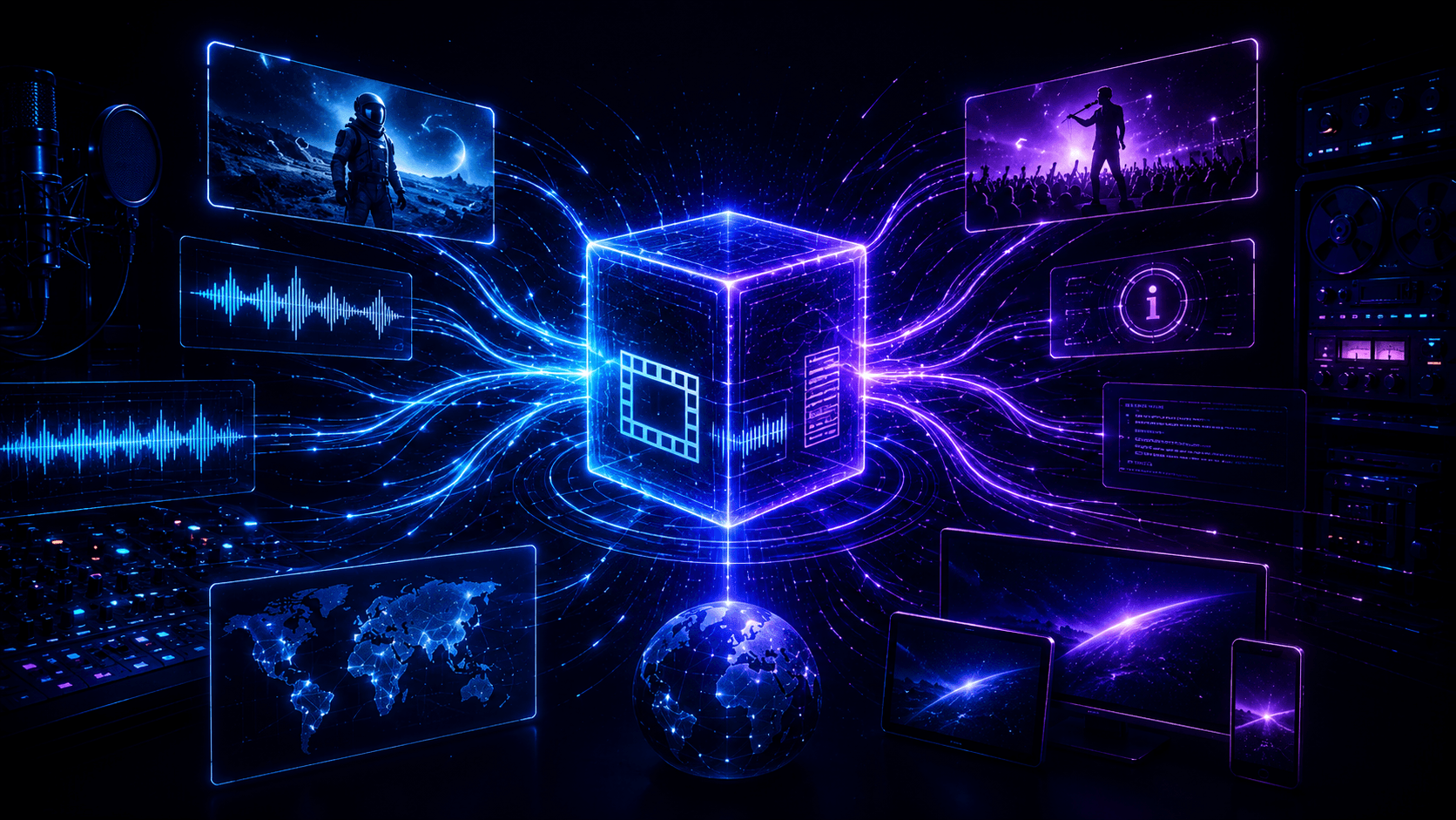 Glowing modular media package connecting video, audio, metadata, global distribution, and multiple viewing devices