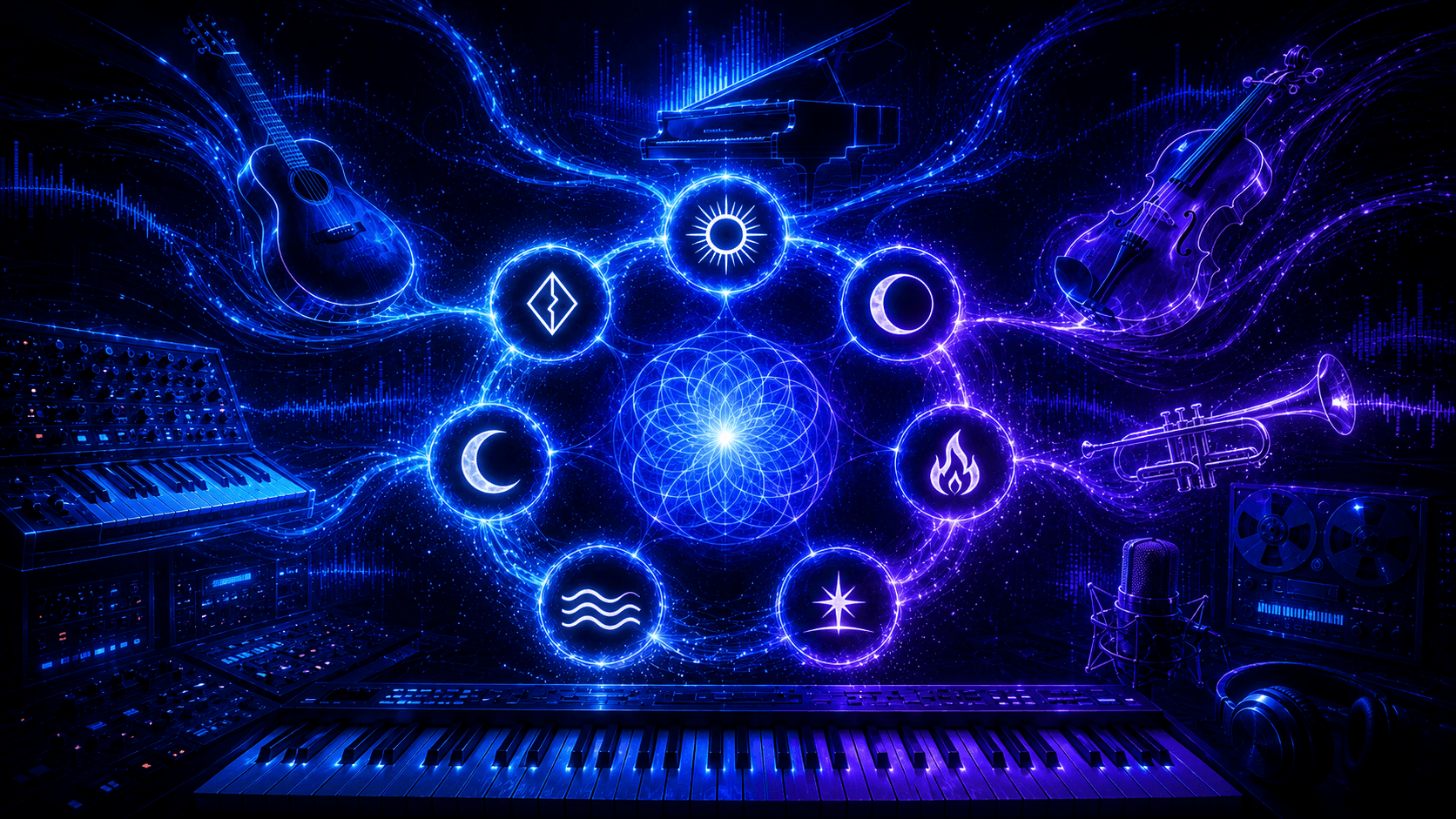 Abstract blue and purple music studio scene with seven glowing modal symbols surrounded by guitars, piano, strings, brass, and recording equipment.