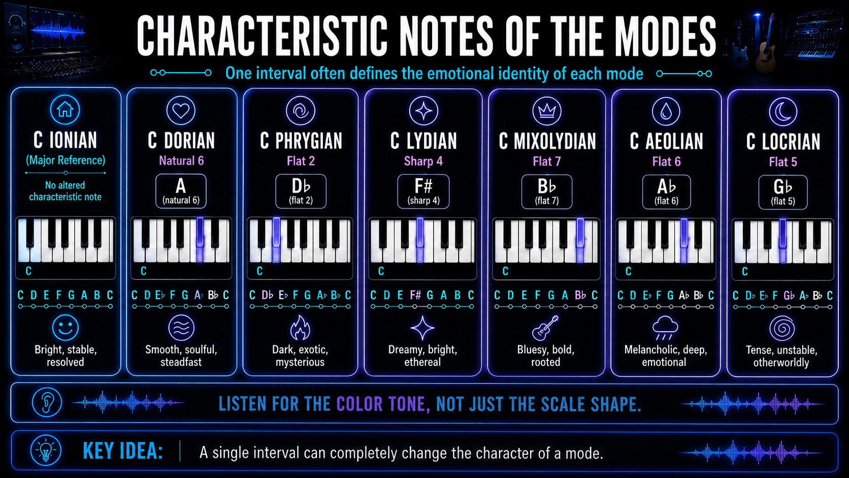 Parallel C modes showing the characteristic notes that distinguish Dorian, Phrygian, Lydian, Mixolydian, Aeolian, and Locrian.