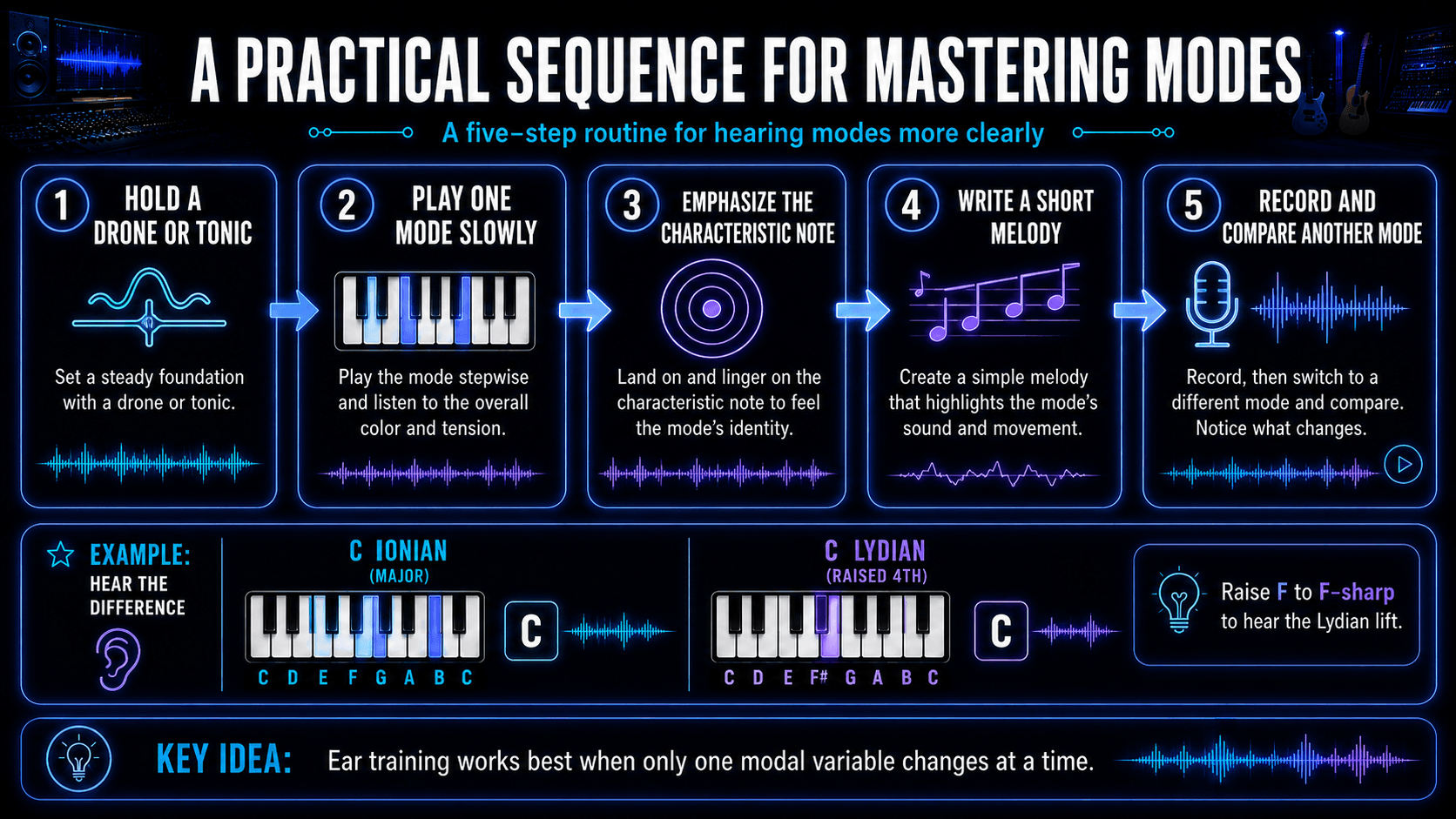 Five-step modal practice sequence using a drone, slow scale playing, characteristic notes, melody writing, recording, and comparison.