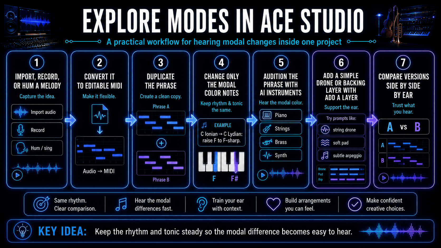 ACE Studio process for recording a melody, converting it to MIDI, changing modal notes, testing AI Instruments, and comparing versions.