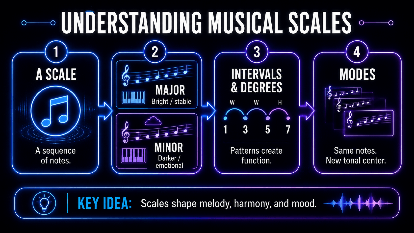 Infographic explaining scales, major and minor sounds, intervals, scale degrees, and musical modes.