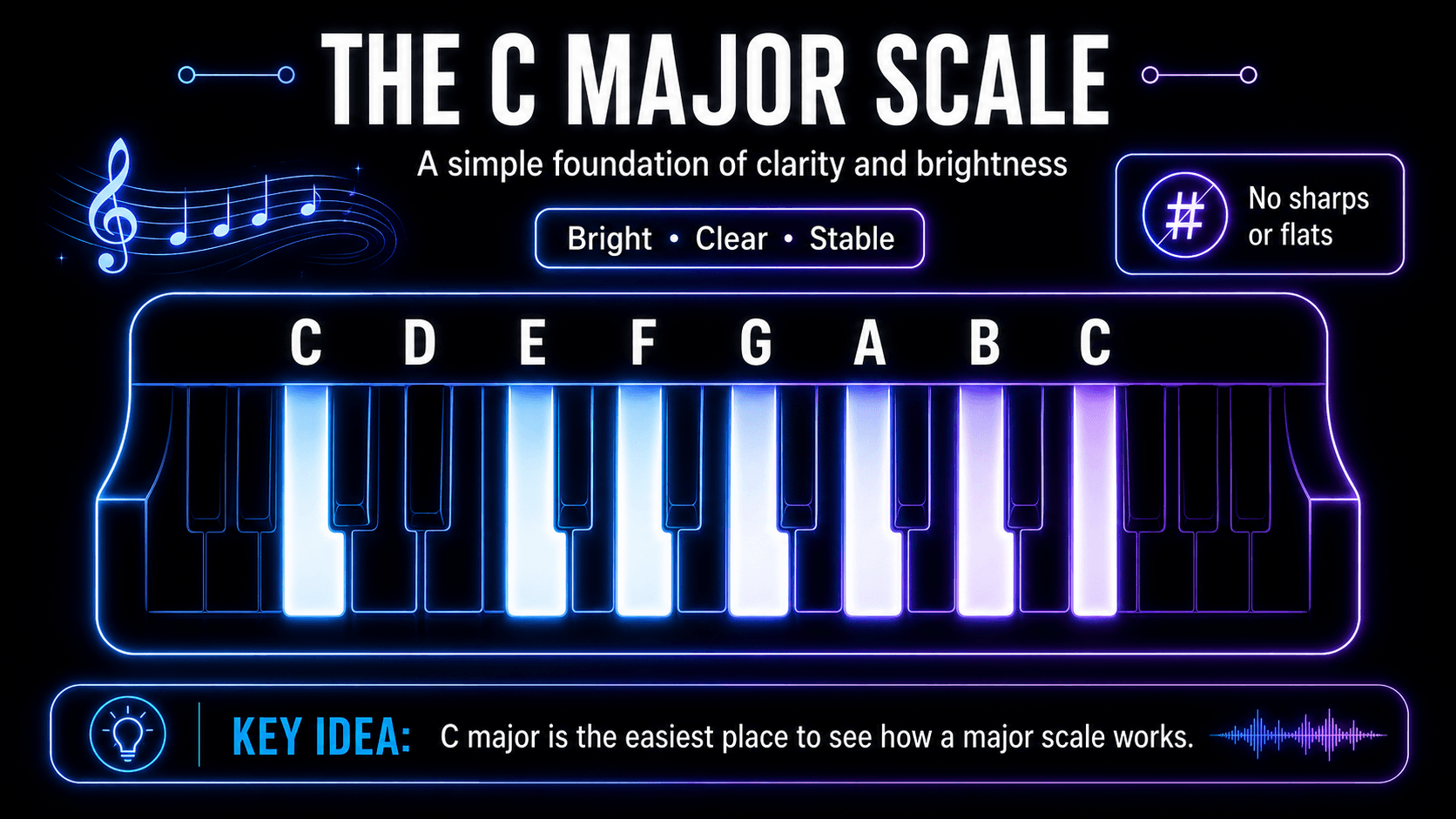 C major scale displayed across illuminated piano keys with the notes C, D, E, F, G, A, B, and C.
