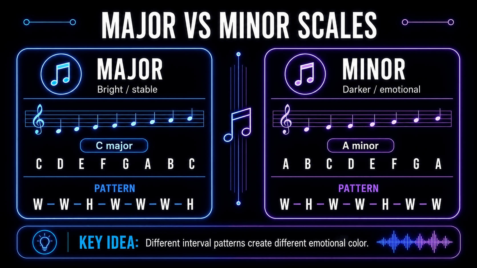 Comparison of the bright C major scale and darker A minor scale with their interval patterns.