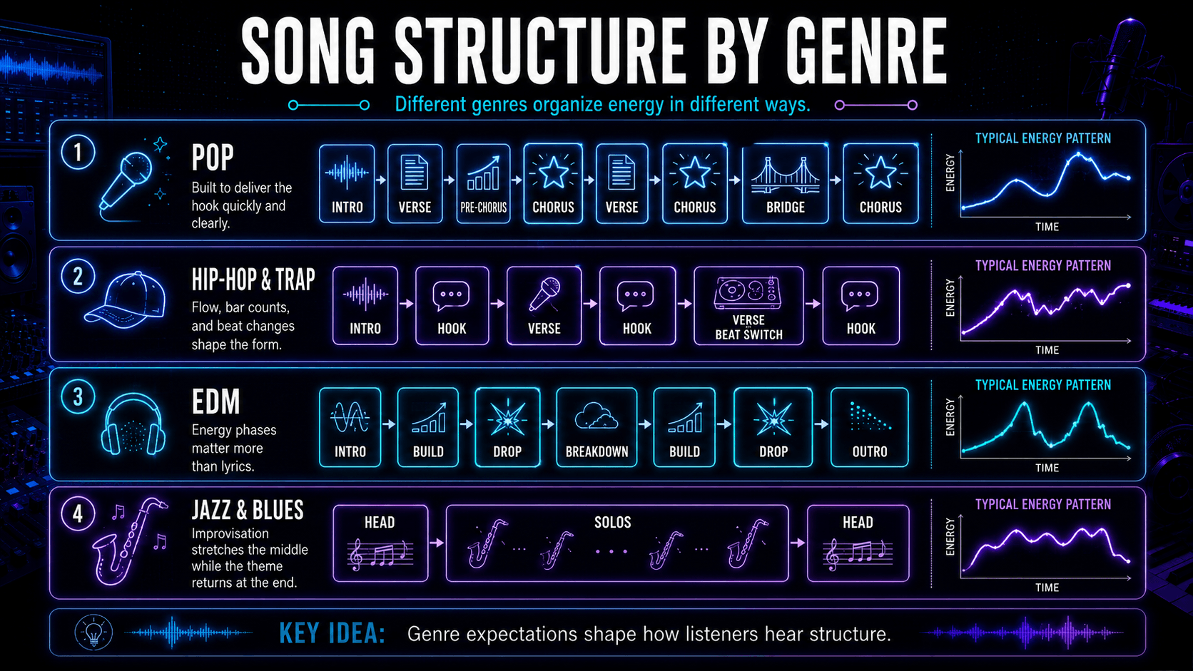 Genre comparison showing typical song structures and energy patterns for pop, hip-hop and trap, EDM, jazz, and blues.