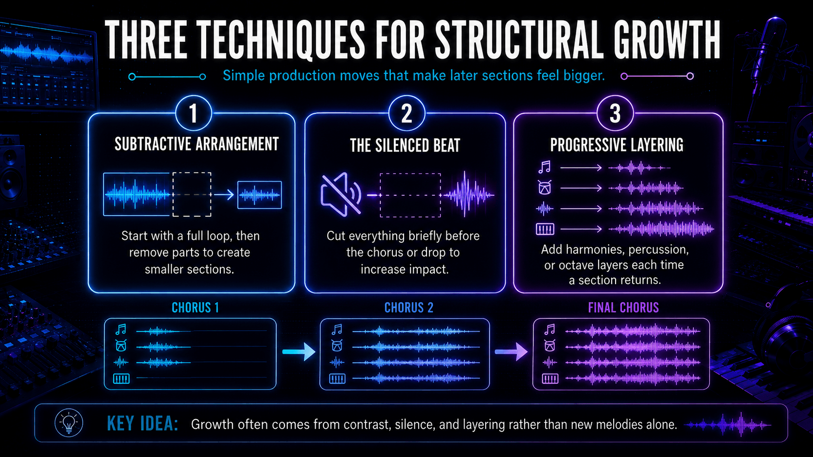 Infographic explaining subtractive arrangement, the silenced beat, and progressive layering across multiple choruses.