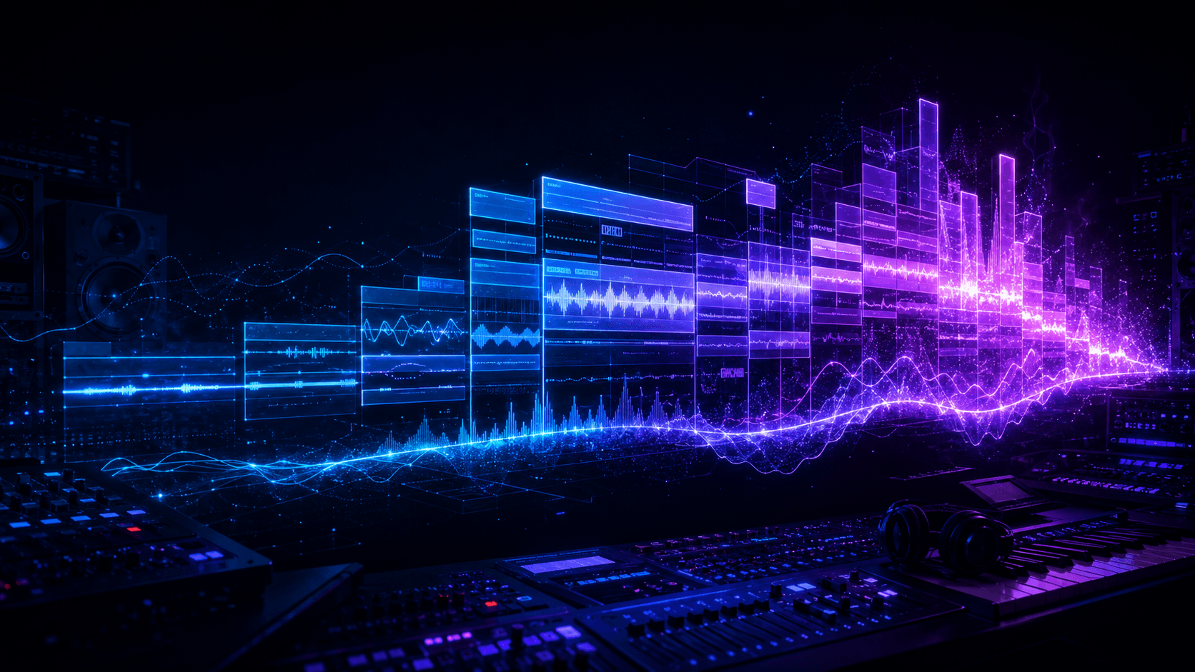 Futuristic music studio with glowing blue and purple audio tracks forming an expanding digital song arrangement.