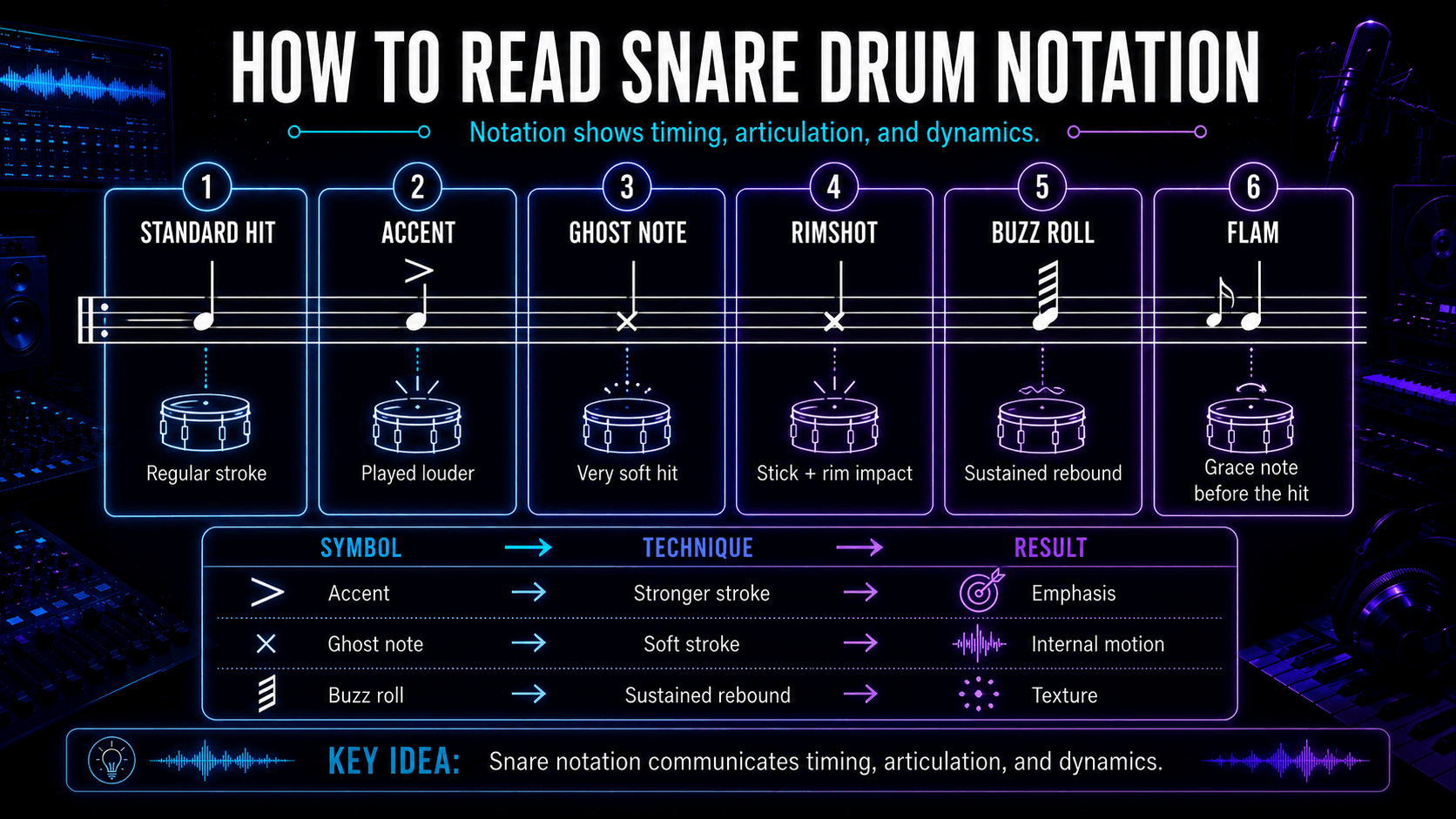 Snare drum notation guide showing standard hits, accents, ghost notes, rimshots, buzz rolls, and flams.