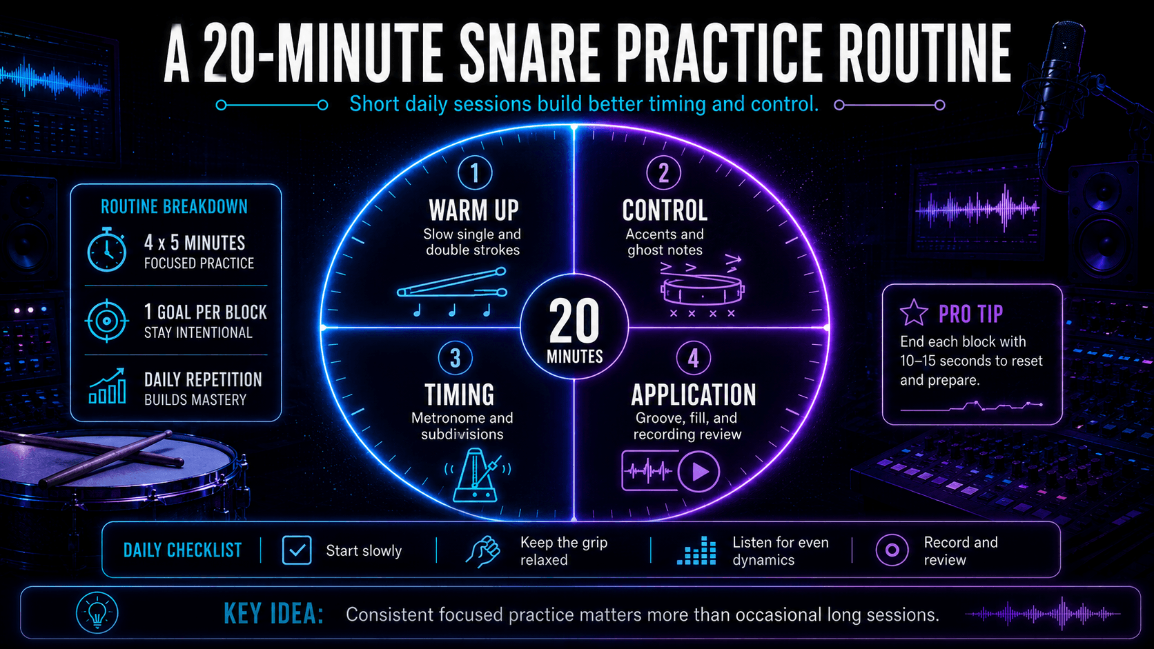 Twenty-minute snare practice routine divided into warm-up, control, timing, and musical application exercises.