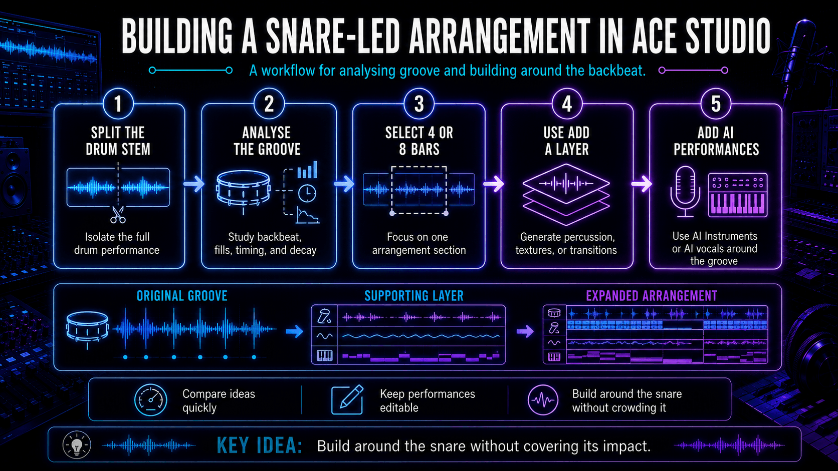 ACE Studio infographic showing how to split drums, analyse a groove, select bars, add layers, and create AI performances.