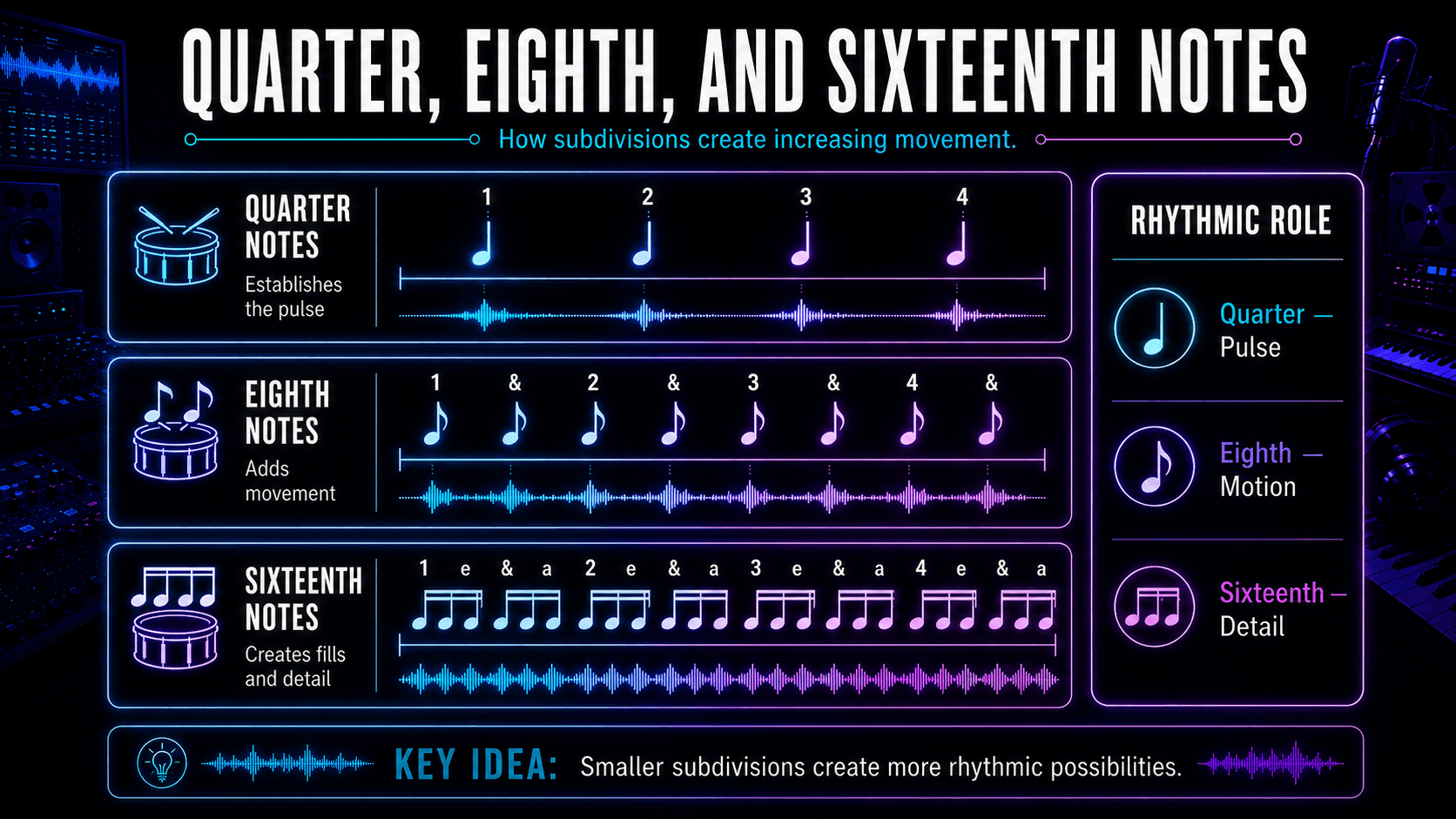 Infographic comparing quarter, eighth, and sixteenth notes with counting patterns, waveforms, and rhythmic roles.