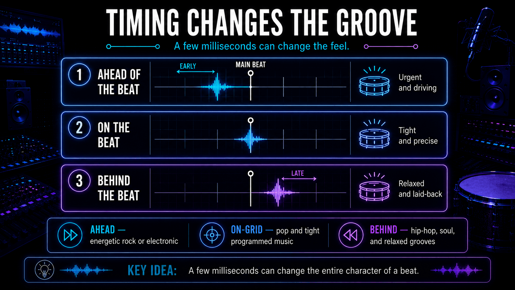 Infographic comparing snare hits ahead of the beat, directly on the beat, and behind the beat, with urgent, precise, and relaxed groove results.