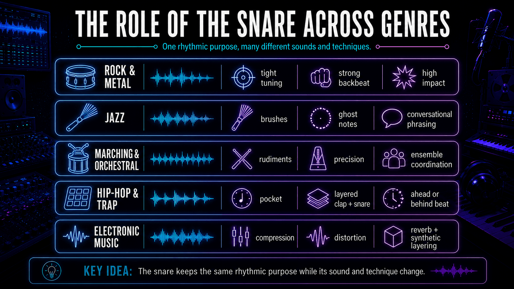 Infographic showing the role of the snare in rock, jazz, orchestral music, hip-hop, trap, and electronic production.