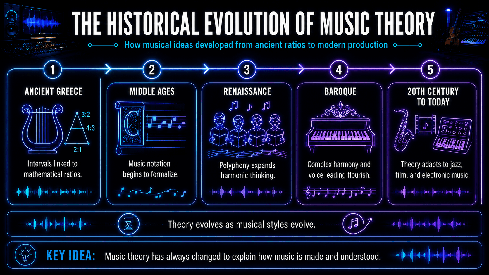 Timeline tracing music theory from ancient Greek ratios through medieval notation, Renaissance polyphony, Baroque harmony, and modern music.
