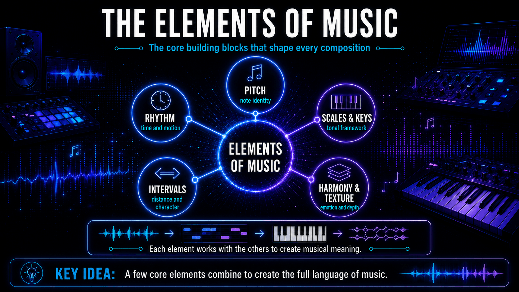 Infographic showing rhythm, pitch, scales and keys, intervals, harmony, and texture as connected elements of music.