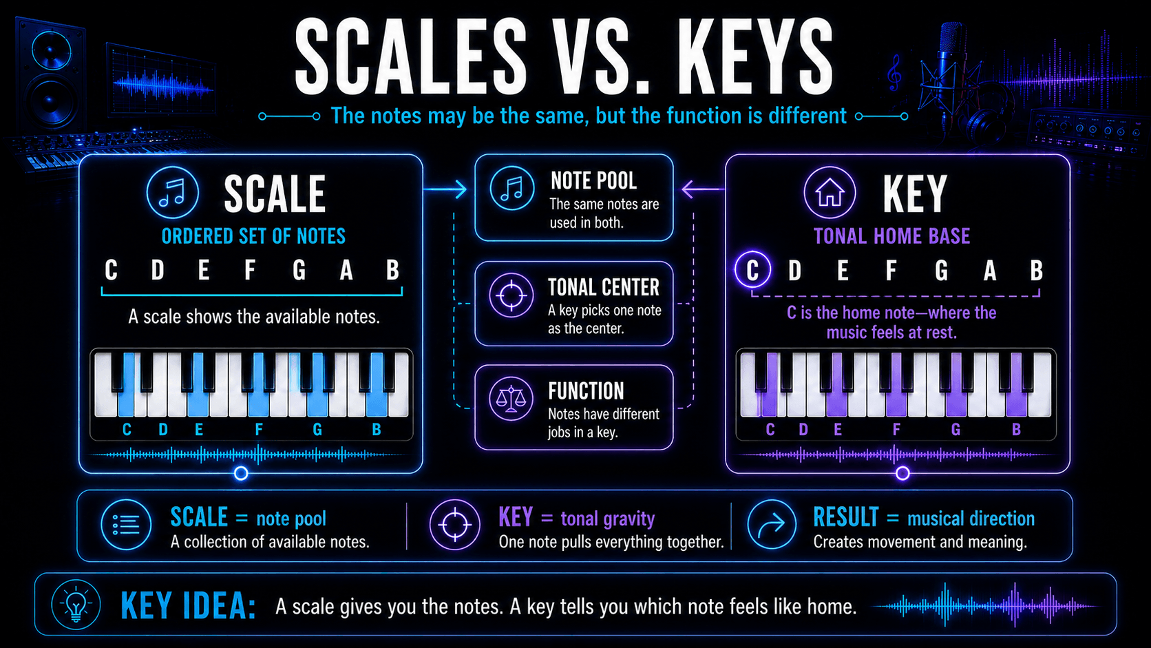 Comparison infographic explaining a scale as an ordered note set and a key as the tonal home base of a composition.