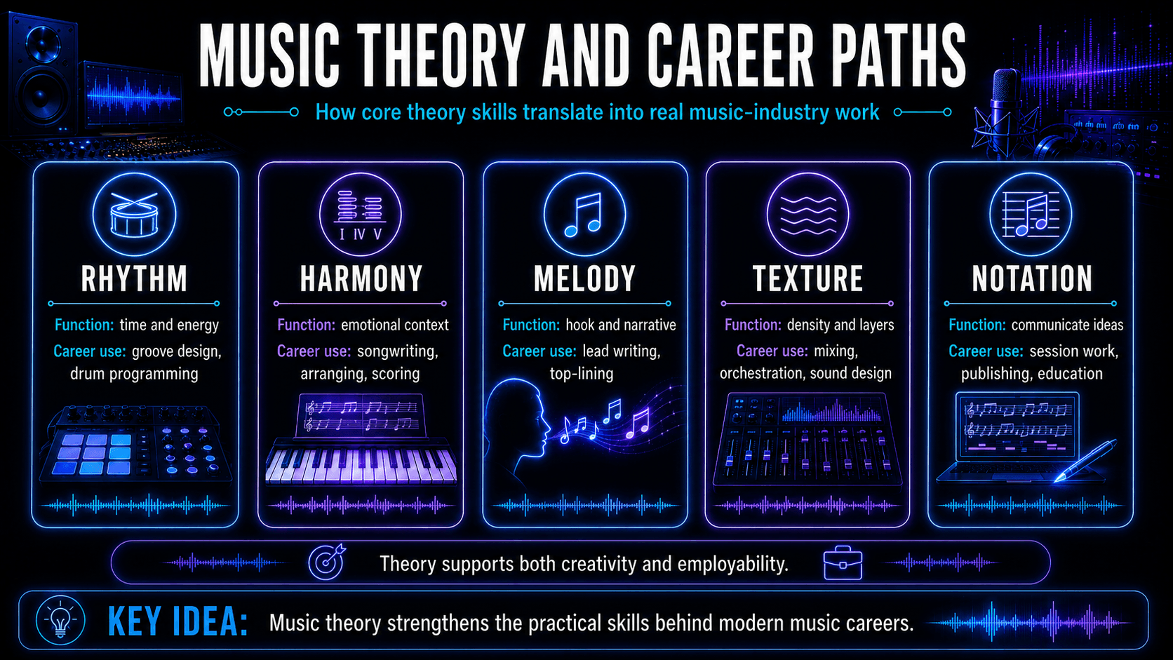 Music career infographic connecting rhythm, harmony, melody, texture, and notation with professional music-industry applications.