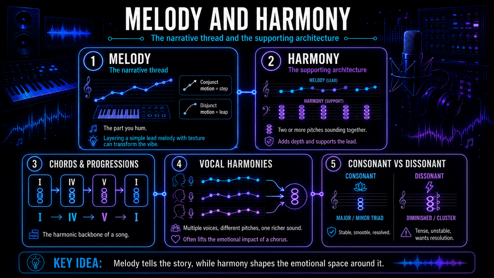 Infographic comparing melody and harmony with melodic motion, chord progressions, vocal harmonies, and consonant versus dissonant sounds.
