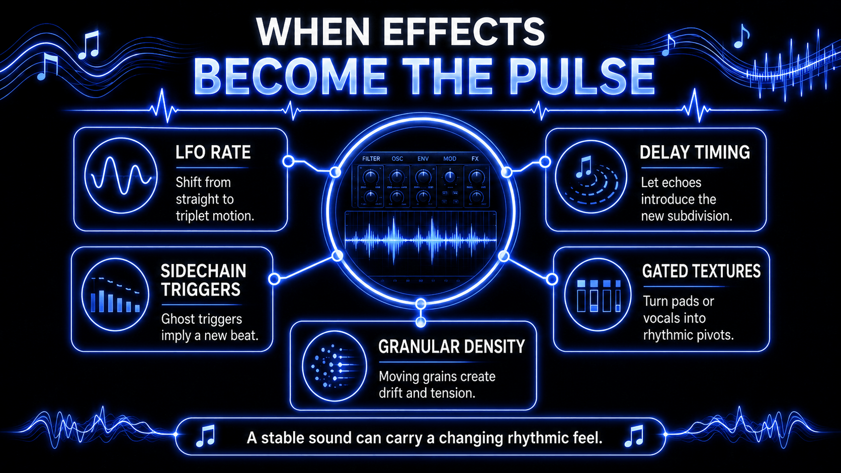 Infographic showing sound design applications of metric modulation, including LFO rate, delay timing, sidechain triggers, gated textures, and granular density as rhythmic pulse tools.