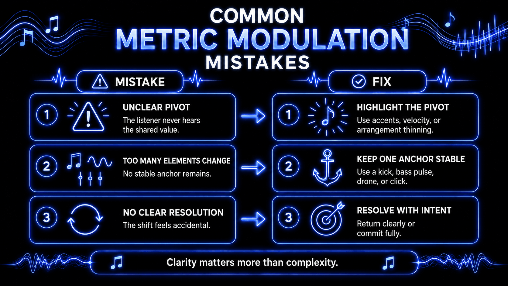 Infographic showing common metric modulation mistakes, including unclear pivots, too many changing elements, and no clear resolution, with practical fixes for each.