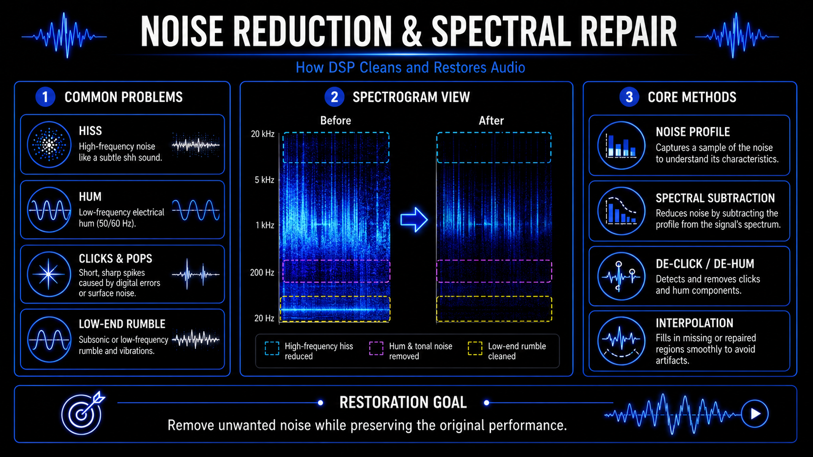 Infographic explaining time-based audio effects in music, including delay, reverb, chorus, flanging, buffer storage, feedback, modulation, and wet dry mix.