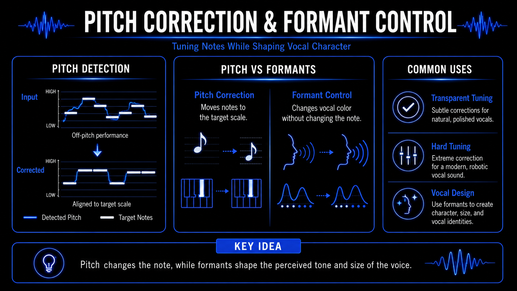 Infographic explaining pitch correction and formant control in vocal production, including pitch detection, target notes, transparent tuning, hard tuning, and vocal design.