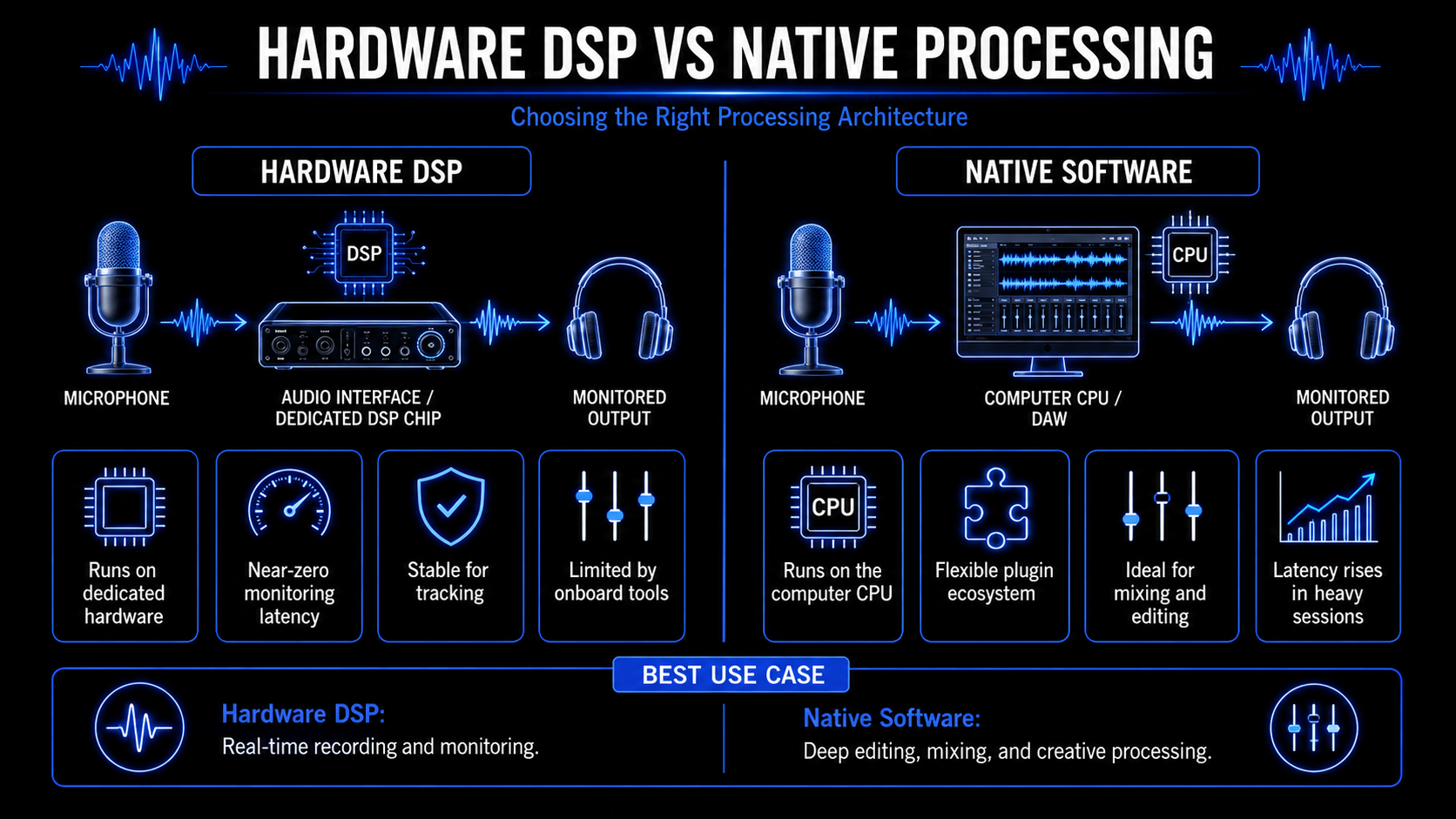 Infographic comparing hardware DSP and native software processing in music production, showing dedicated DSP chips, computer CPU processing, monitoring latency, audio interfaces, and DAW workflows.