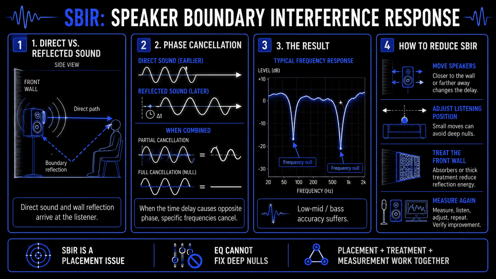 Infographic explaining Speaker Boundary Interference Response with direct and reflected sound, phase cancellation, frequency nulls, and ways to reduce SBIR through placement, treatment, and measurement.