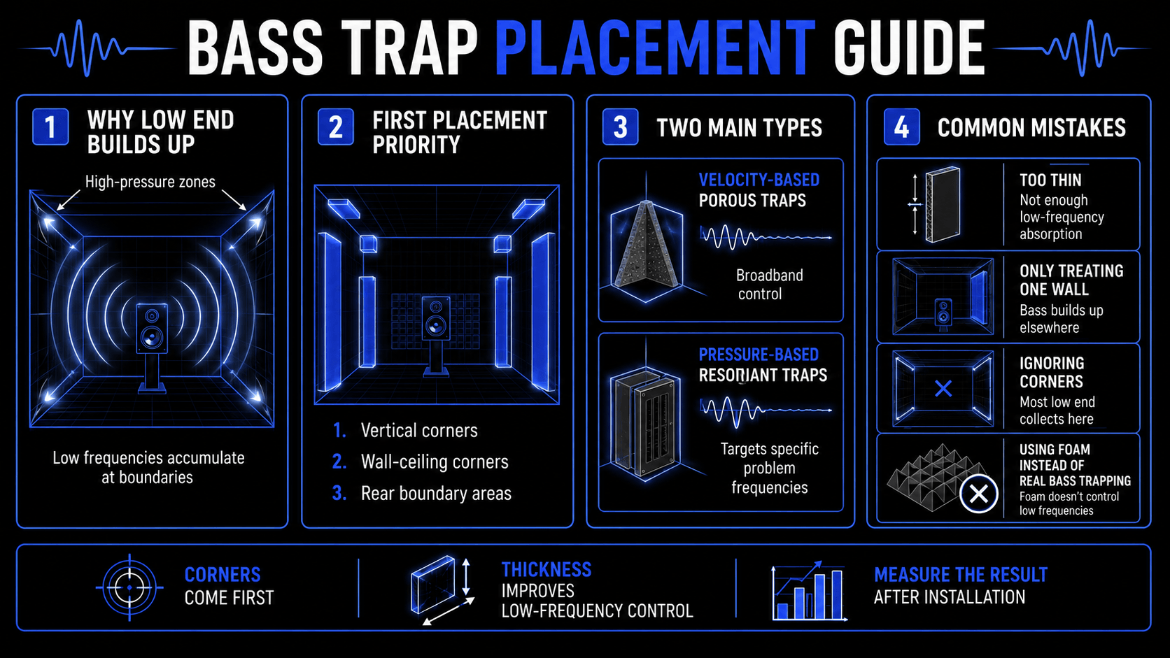 Infographic showing bass trap placement in studio corners, including velocity-based porous traps, pressure-based resonant traps, common mistakes, and low-frequency measurement.