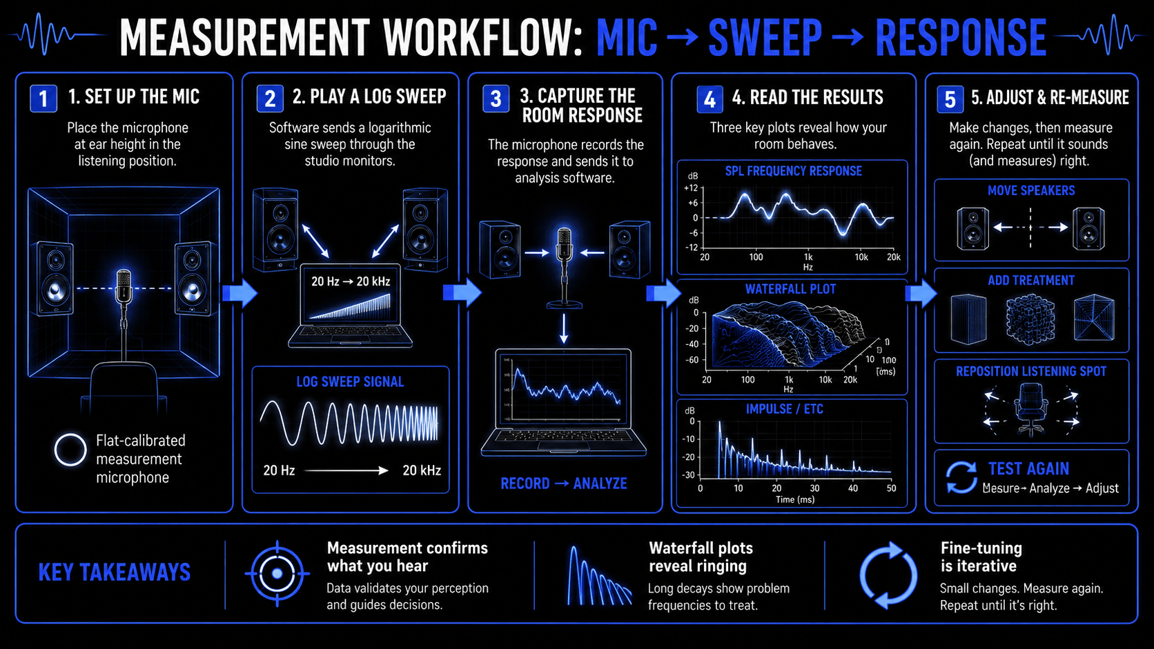 Infographic showing acoustic measurement workflow with a calibrated microphone, log sweep, room response capture, SPL frequency response, waterfall plot, impulse response, and re-measurement steps.