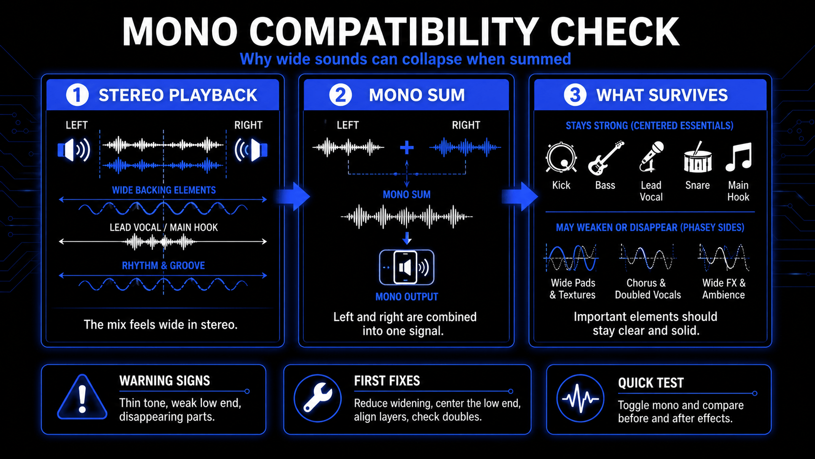 Infographic explaining mono compatibility, showing stereo playback summed to mono, which elements survive, which wide sounds may weaken, and first fixes for phase issues.