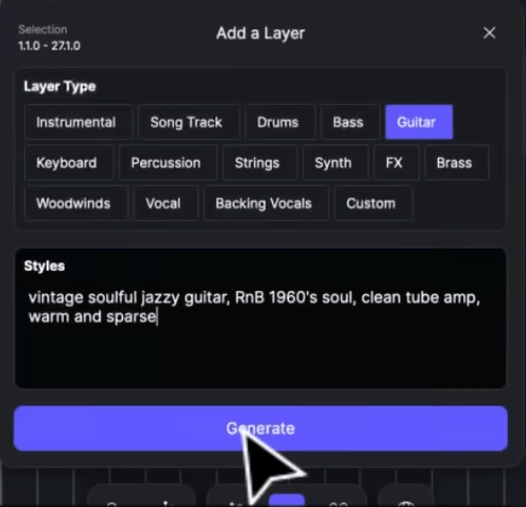 ACE Studio Add a Layer window with guitar selected and a prompt describing a warm, sparse, soulful guitar part.