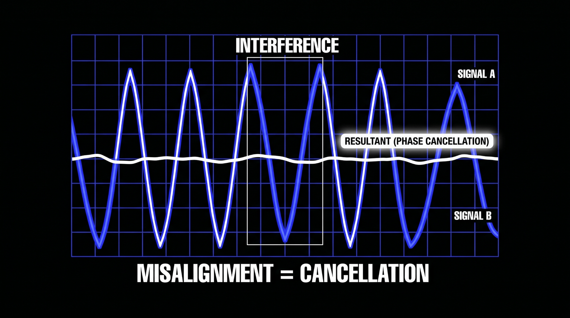 Infographic showing two misaligned audio signals combining into a reduced resultant waveform, illustrating how phase interference causes cancellation.