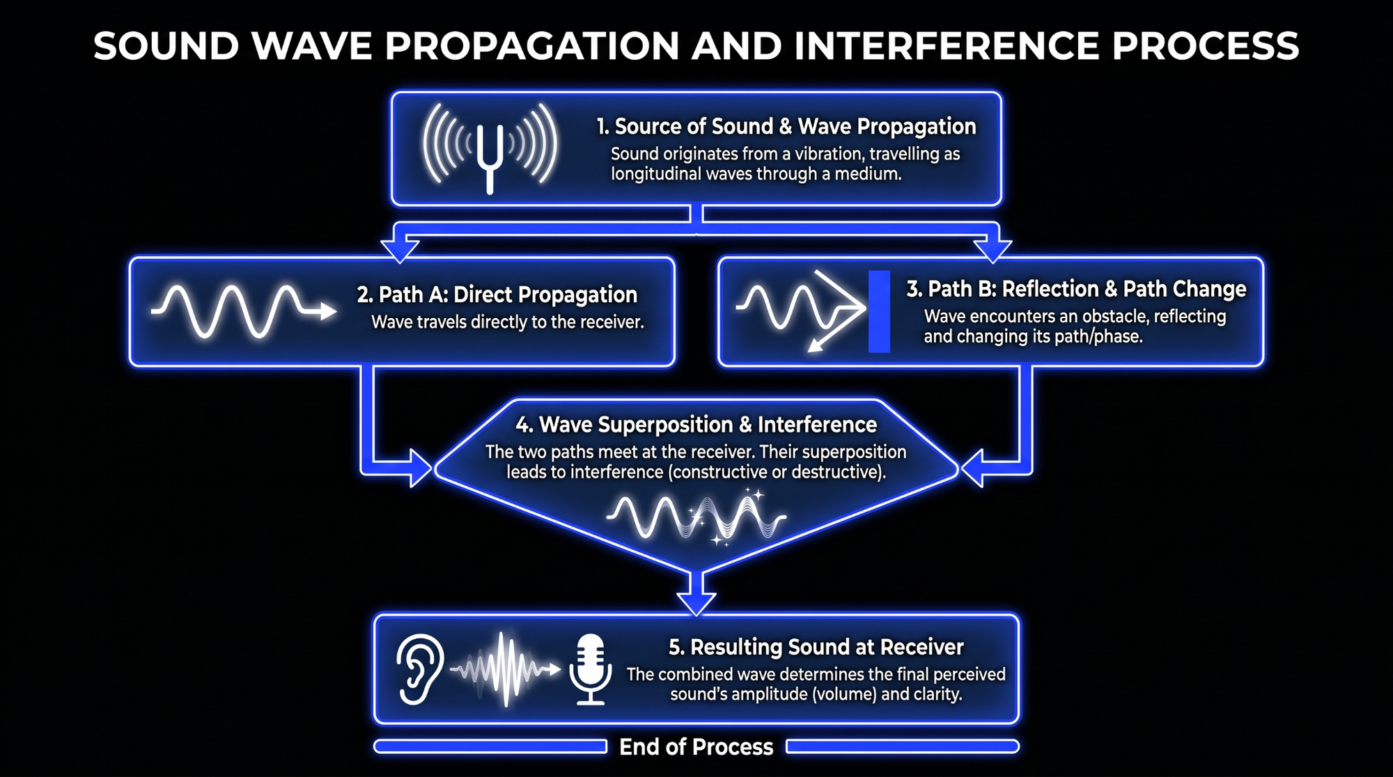 Infographic showing sound wave propagation, direct and reflected paths, wave superposition, and interference affecting the final sound at the receiver.
