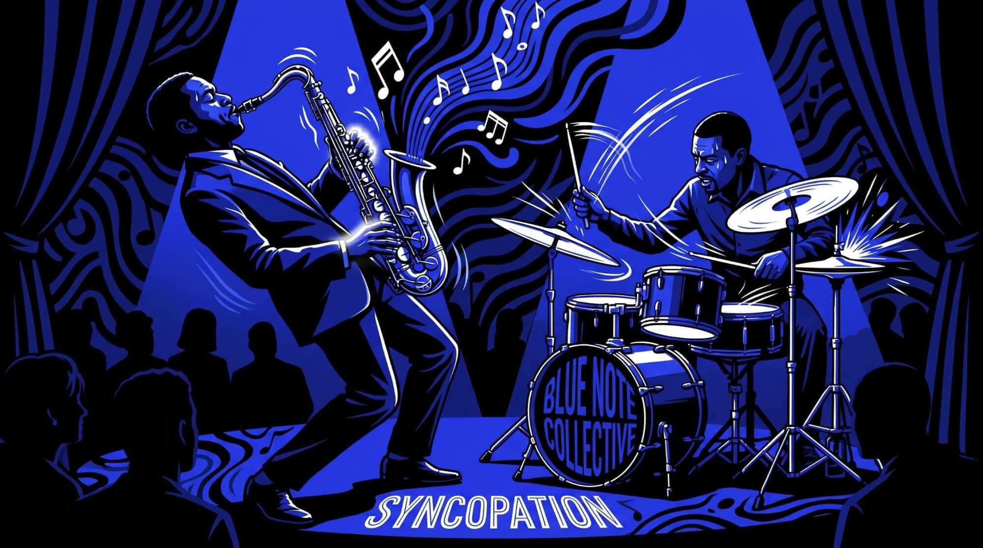 Stylized illustration of a saxophonist and drummer performing syncopated jazz rhythms on stage.
