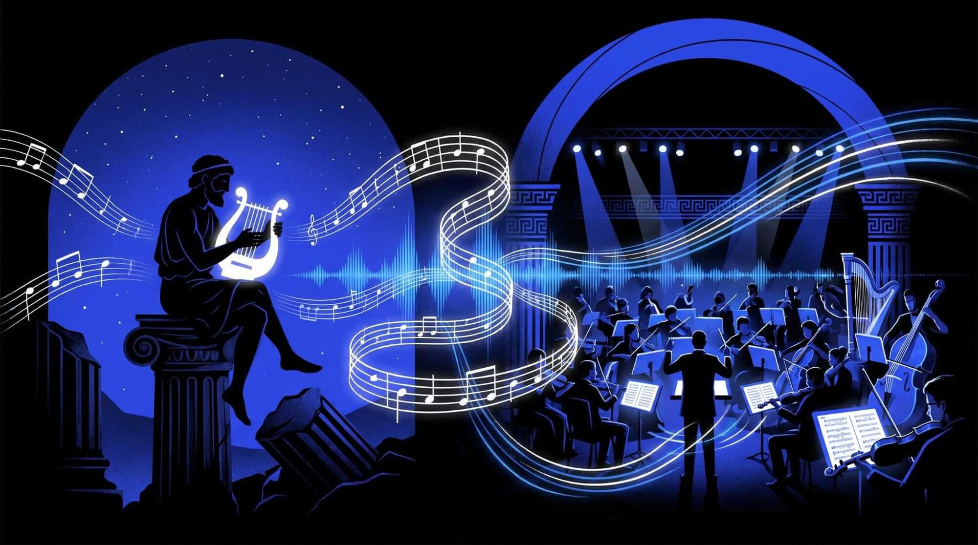 Illustration tracing the history of melody from an ancient lyre player to a modern orchestra and conductor.