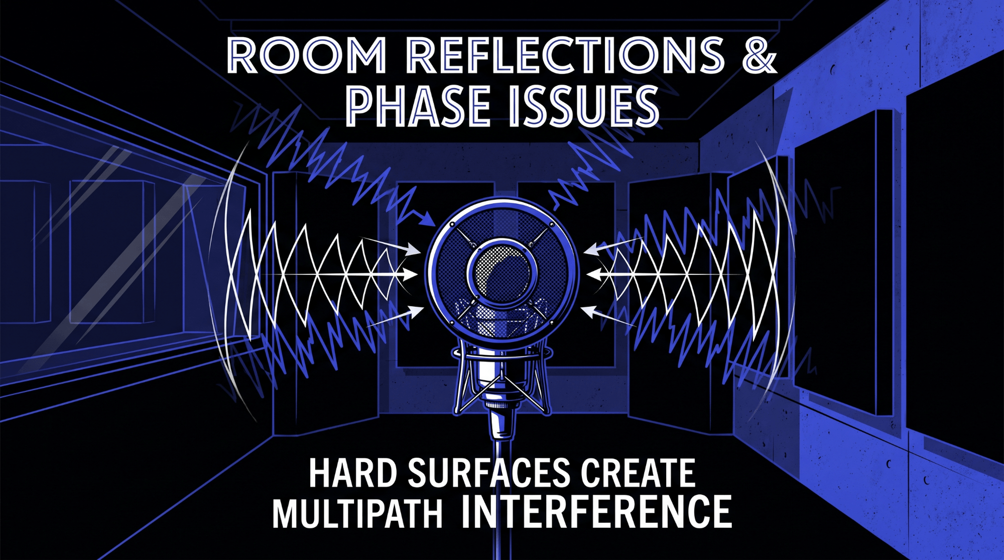 Infographic showing room reflections around a microphone, explaining how hard surfaces create multipath interference and phase cancellation problems during recording.