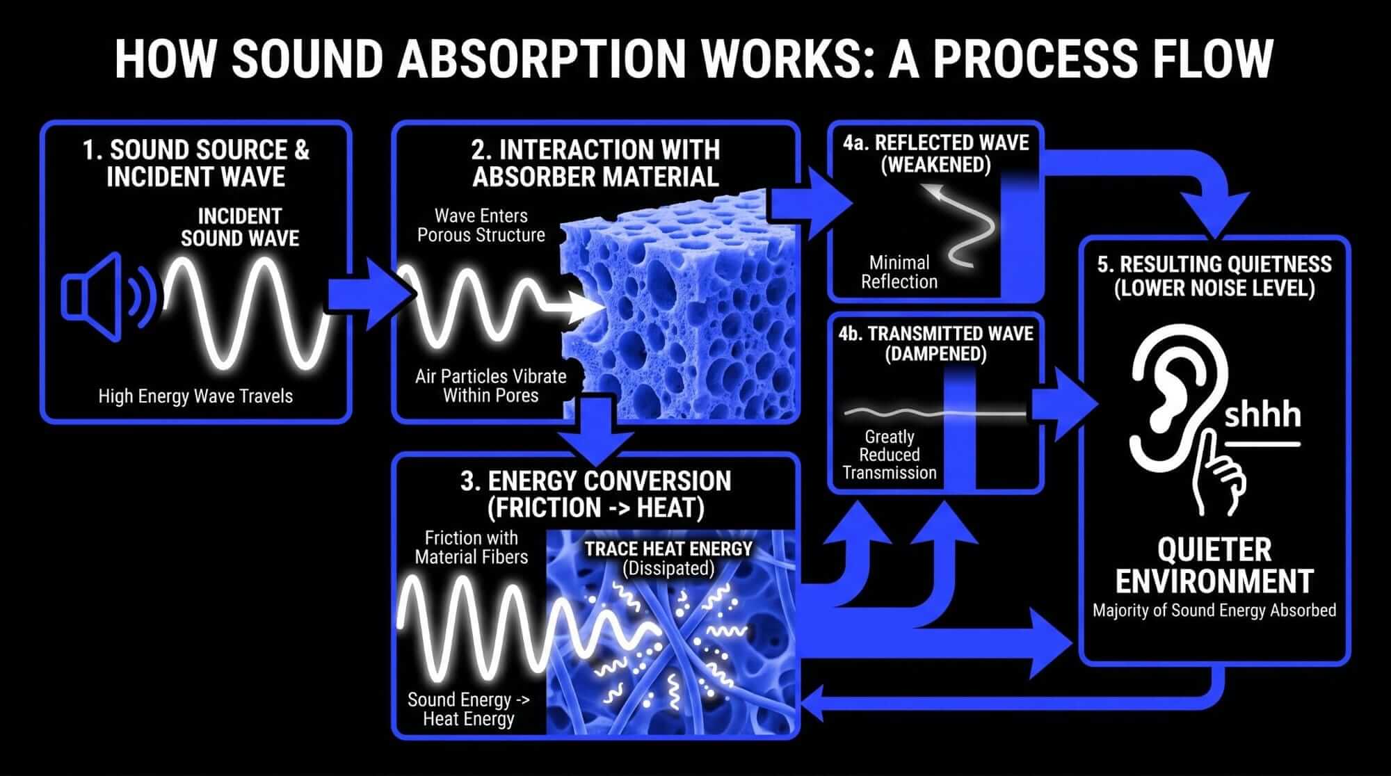 Infographic explaining how sound absorption works as waves enter porous material, lose energy through friction, and create a quieter room.