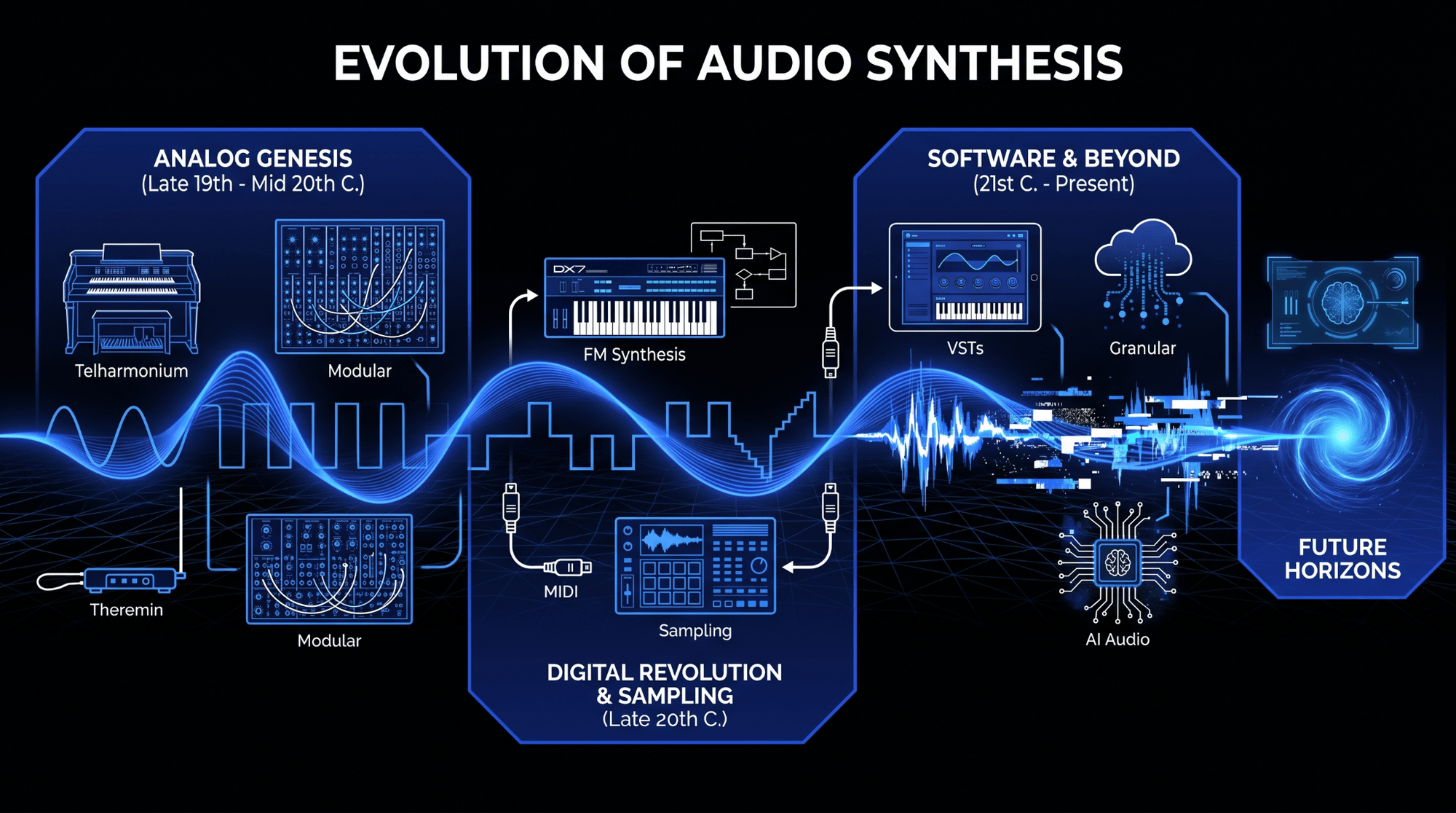 Timeline of audio synthesis covering analog instruments, modular synthesis, FM, sampling, software plugins, granular synthesis, and AI audio.