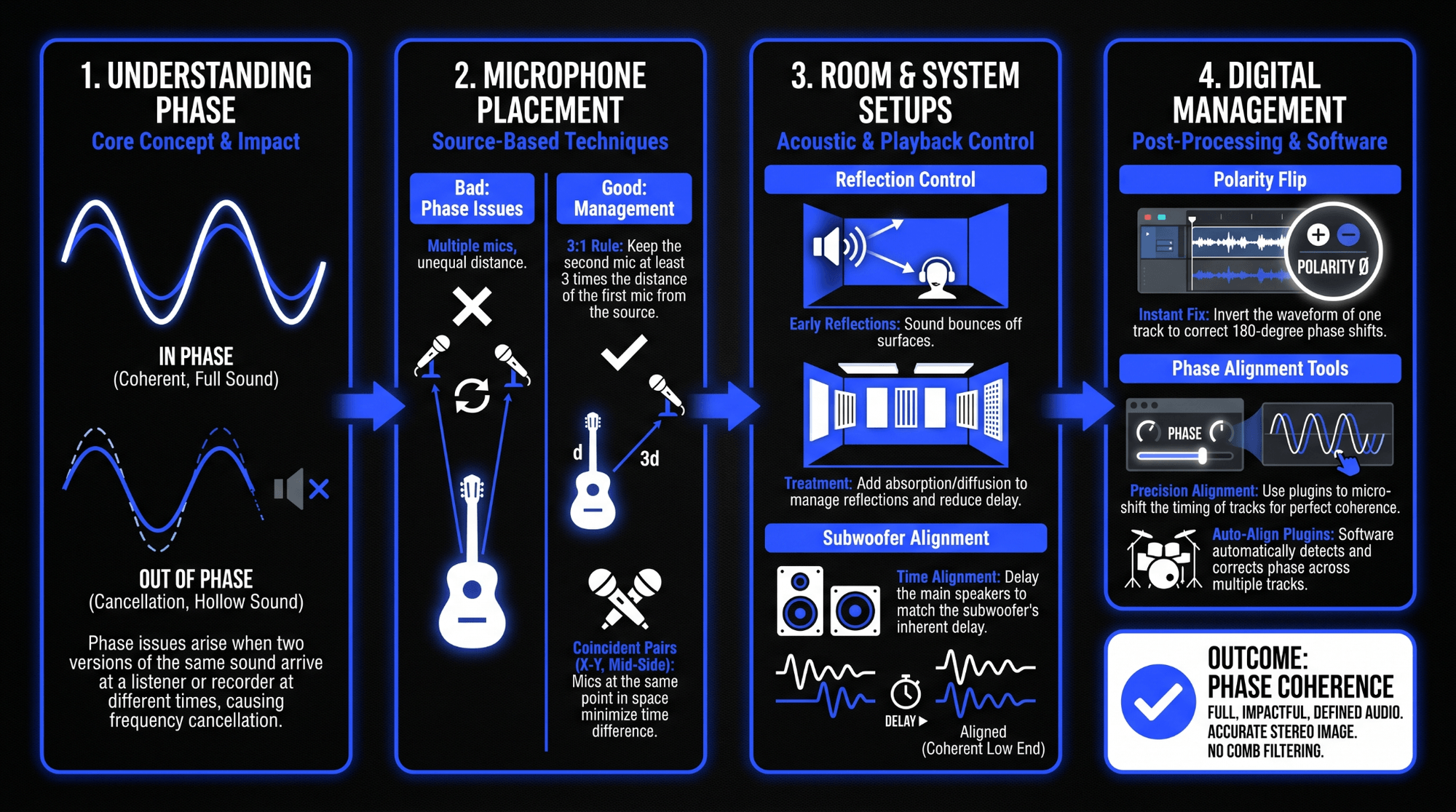 Infographic explaining phase coherence, including in-phase and out-of-phase signals, microphone placement, reflection control, subwoofer alignment, polarity flips, and phase alignment tools.