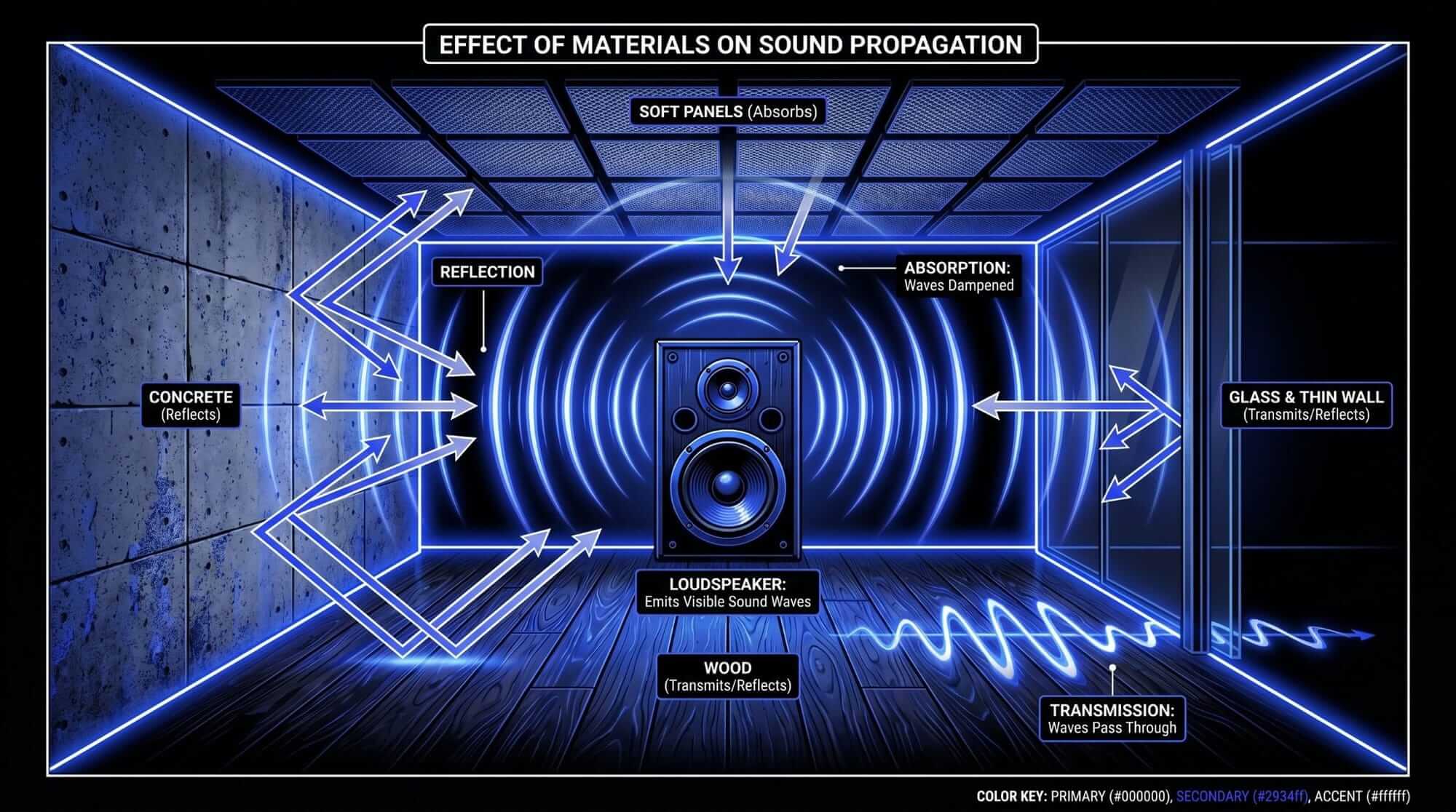 Infographic showing how concrete, wood, glass, thin walls, and acoustic panels affect sound reflection, absorption, and transmission in a room.