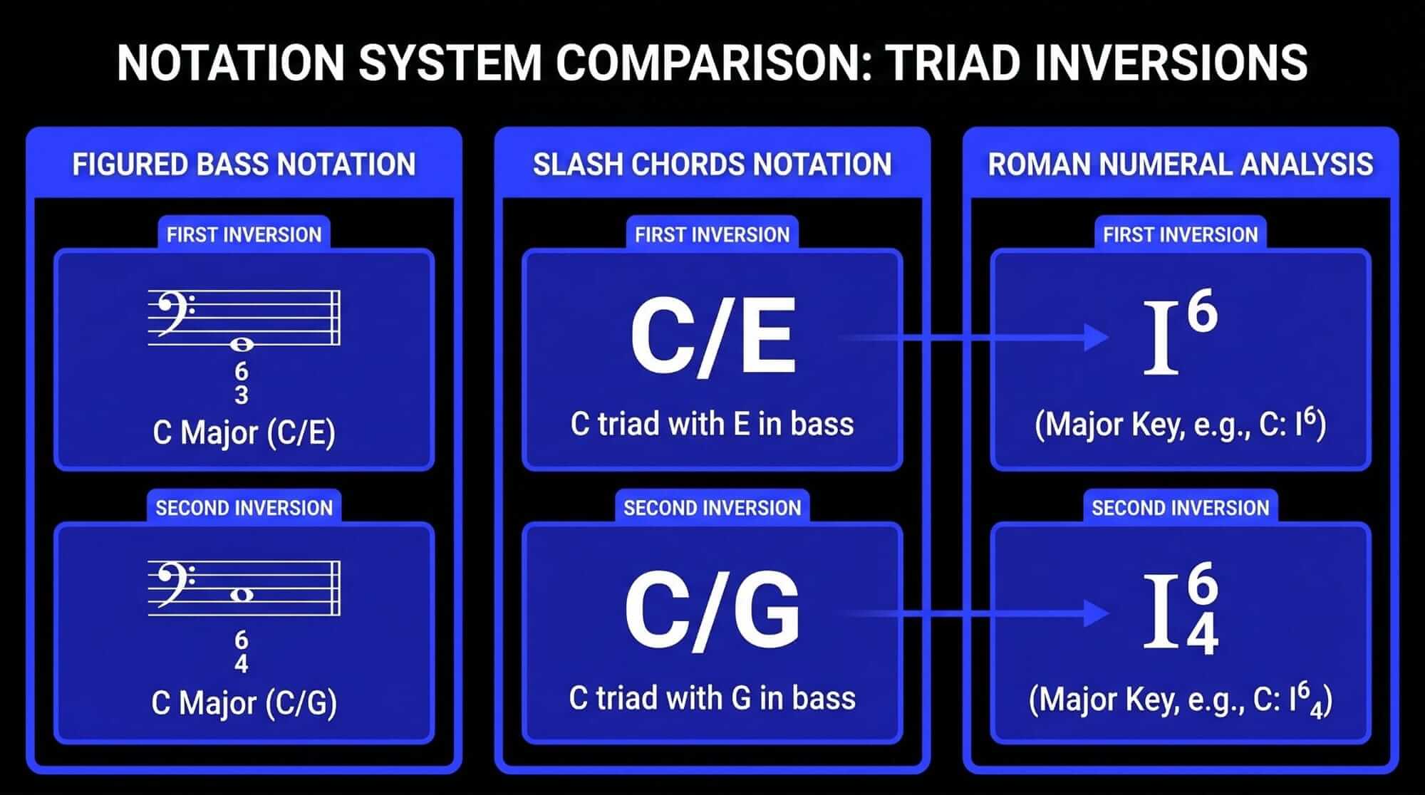 Comparison of figured bass, slash chord, and Roman numeral notation for first- and second-inversion C major chords.