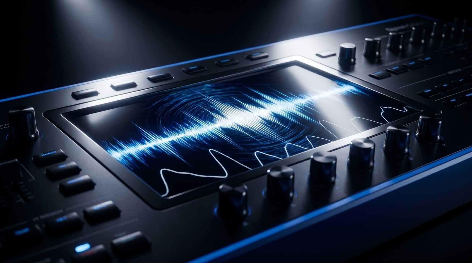 Close-up of a modern hardware FM synthesizer with knobs and a touchscreen displaying layered waveforms.