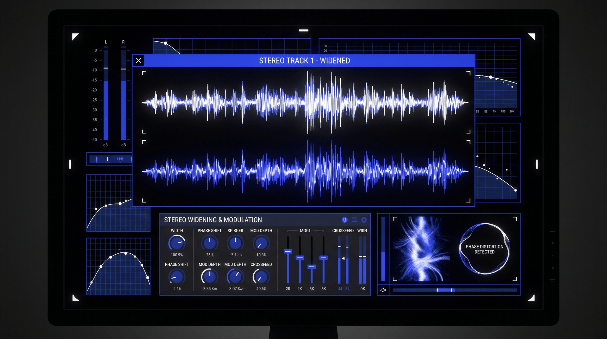 Infographic showing a widened stereo audio track with waveform display, modulation controls, phase distortion warning, and analysis graphs for stereo phase issues.