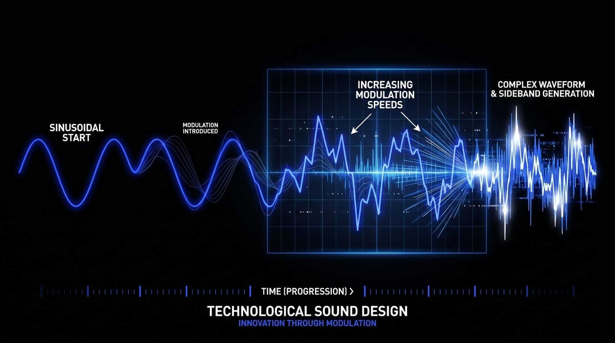 Sine wave progressing through faster modulation into a complex waveform with generated sidebands.