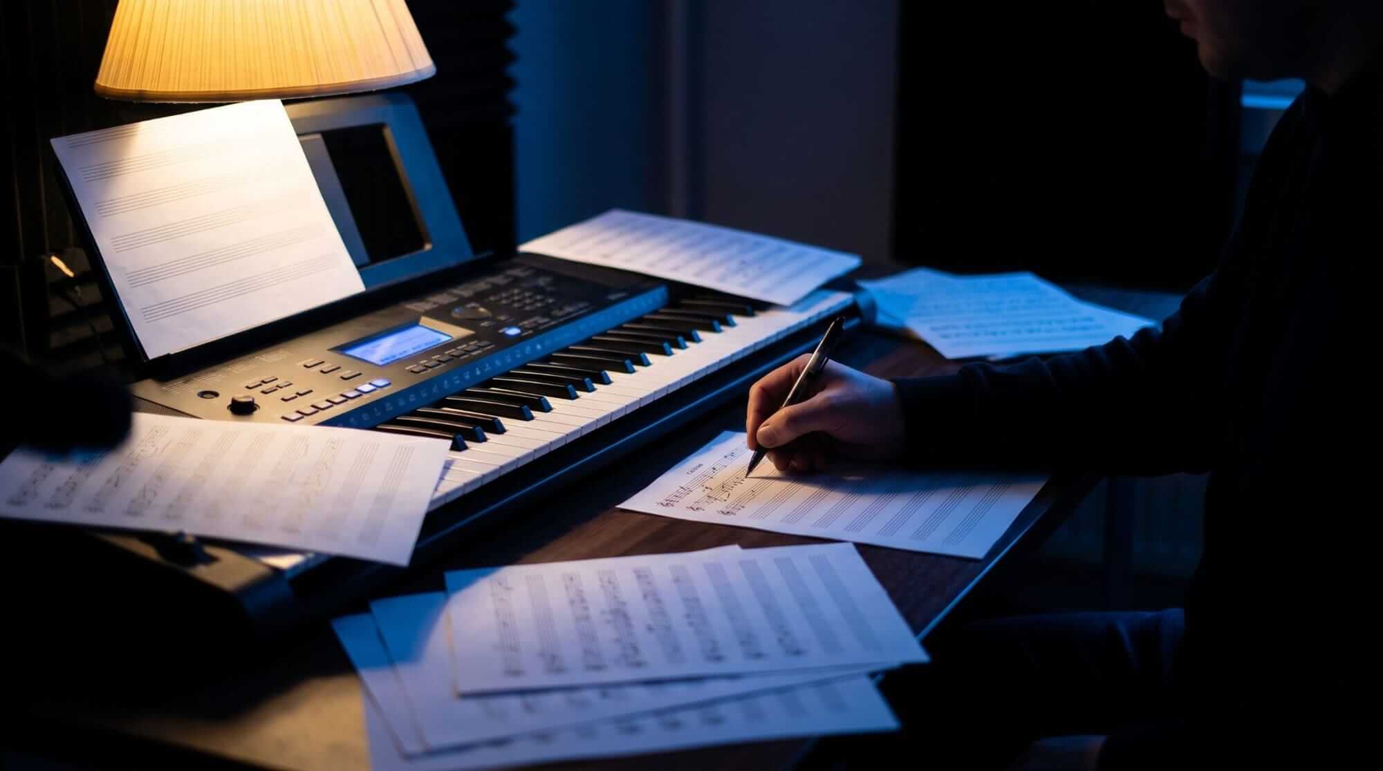Music composer writing notation beside a digital keyboard and scattered sheets of music in a dim studio.