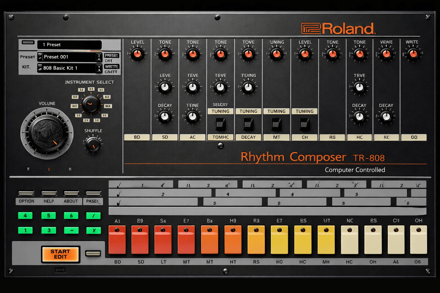 Roland TR-808-style rhythm composer interface with drum controls, tuning knobs, decay settings, and step sequencer buttons.