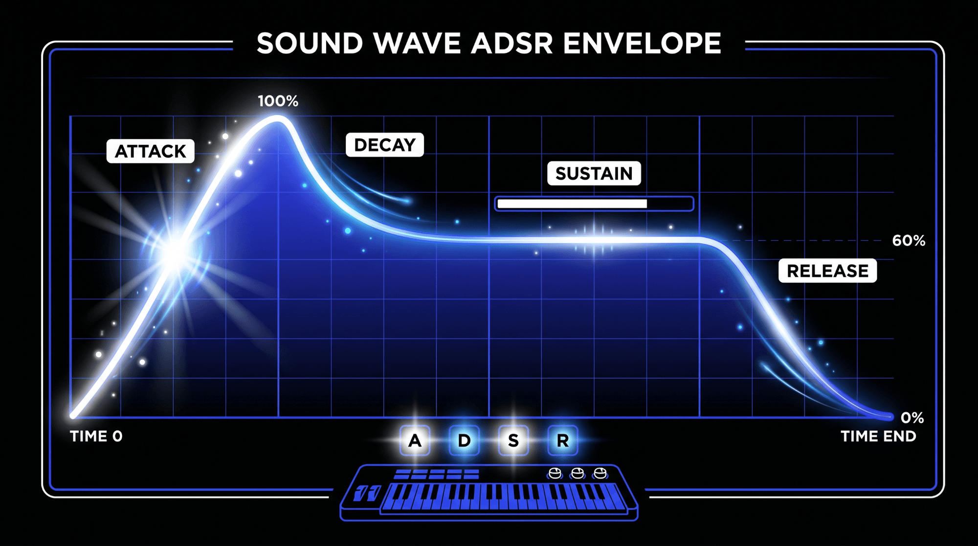 ADSR envelope diagram showing attack, decay, sustain, and release stages across a sound wave’s amplitude and duration