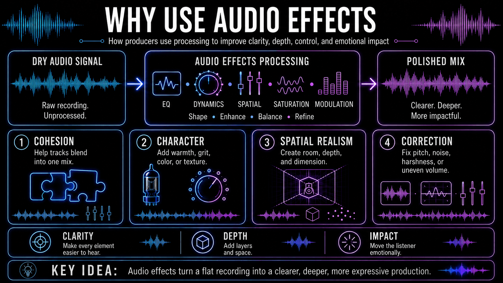Audio effects workflow showing a dry signal processed with EQ, dynamics, spatial effects, saturation, and modulation.